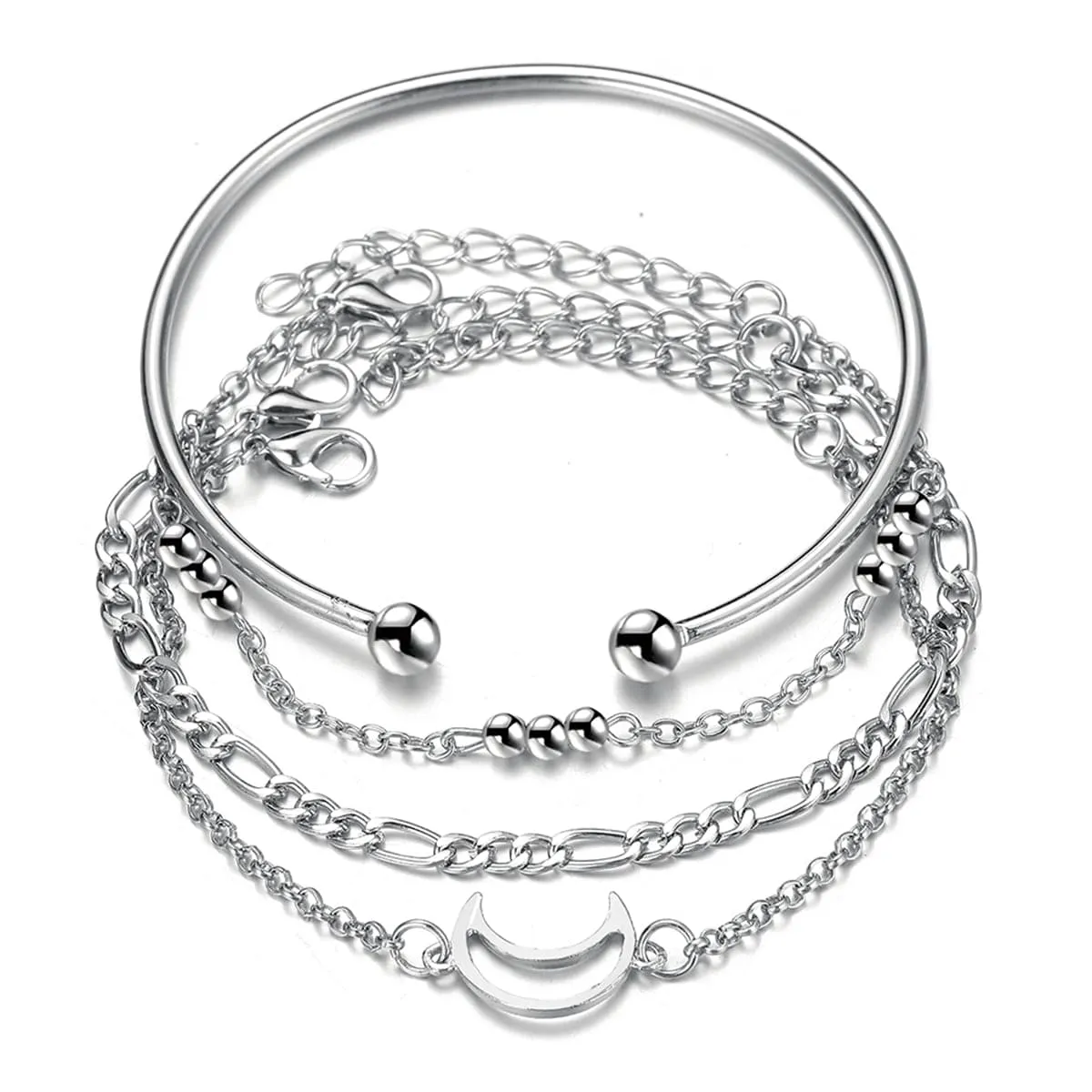 Silver-Plated Cuff & Moon Charm Bracelet Set