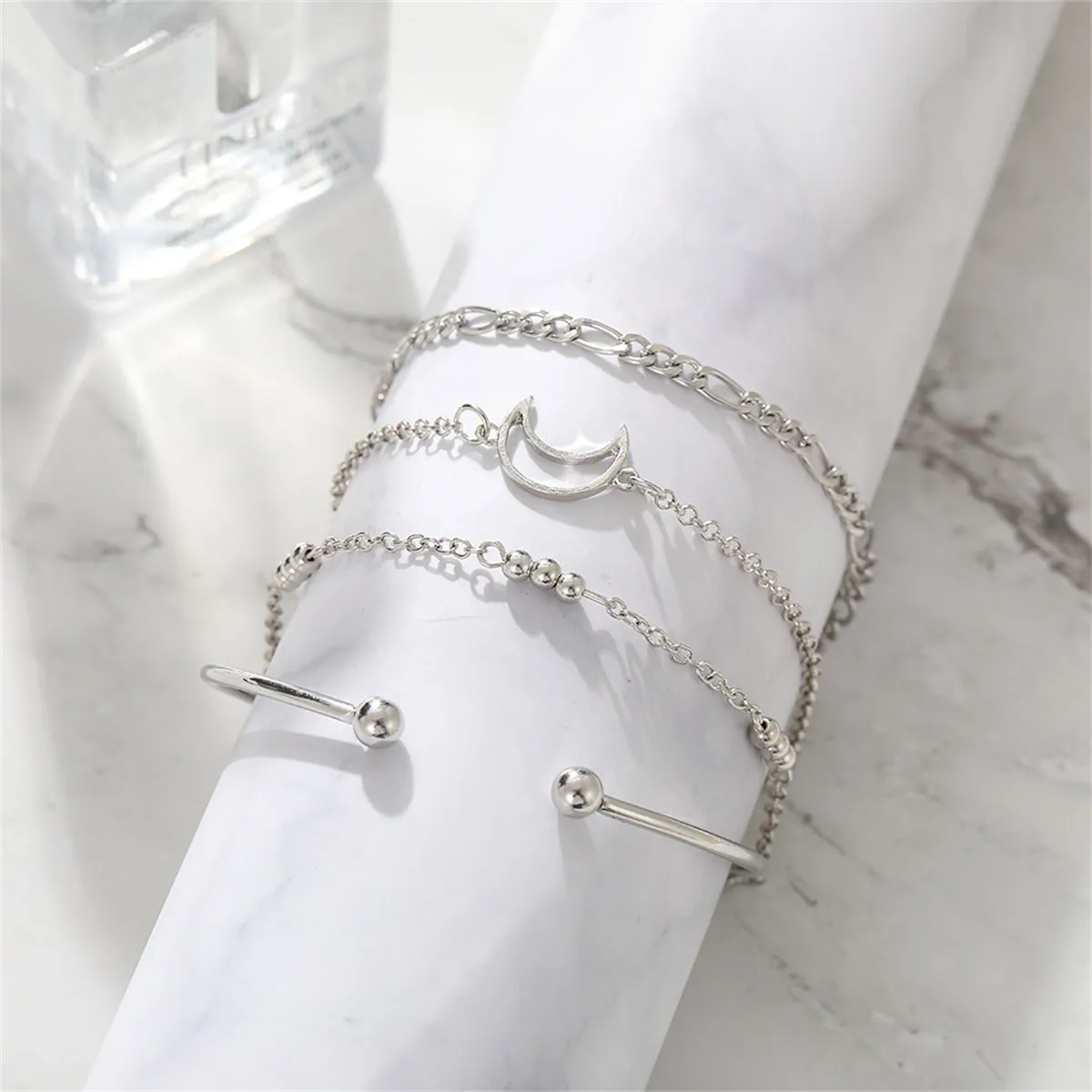 Silver-Plated Cuff & Moon Charm Bracelet Set