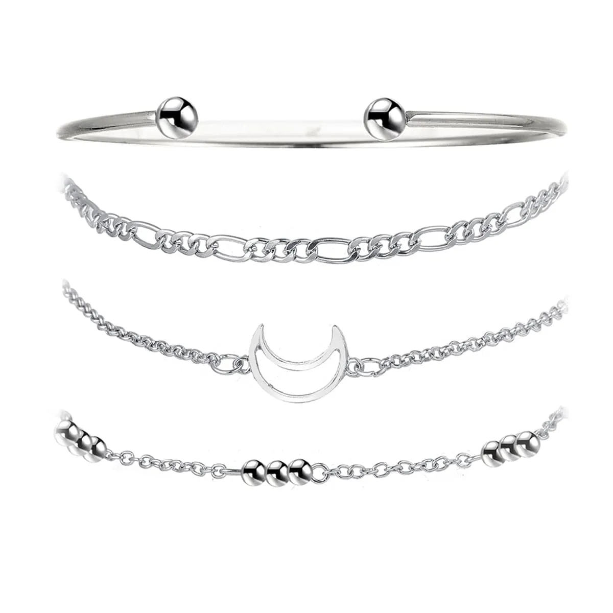 Silver-Plated Cuff & Moon Charm Bracelet Set