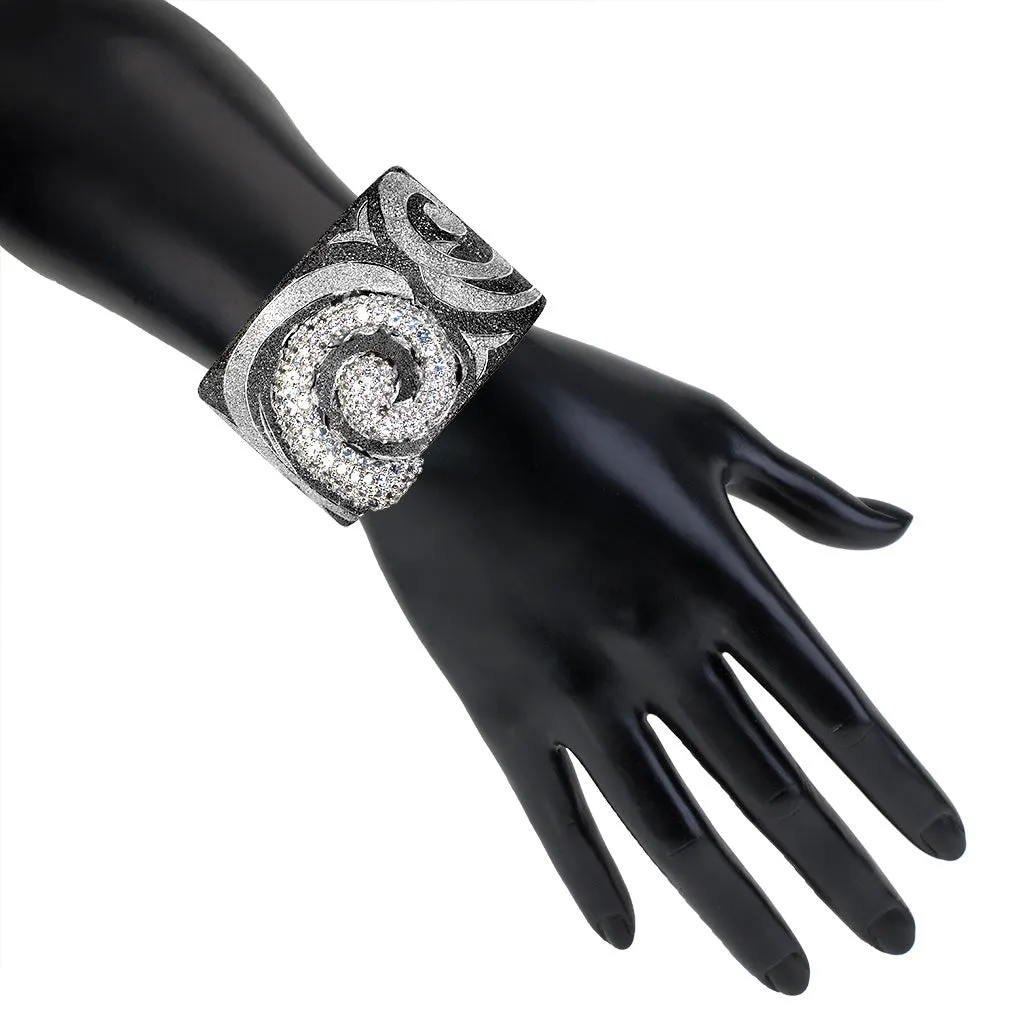 Silver Swirl Pattern Cuff Bracelet with White Topaz