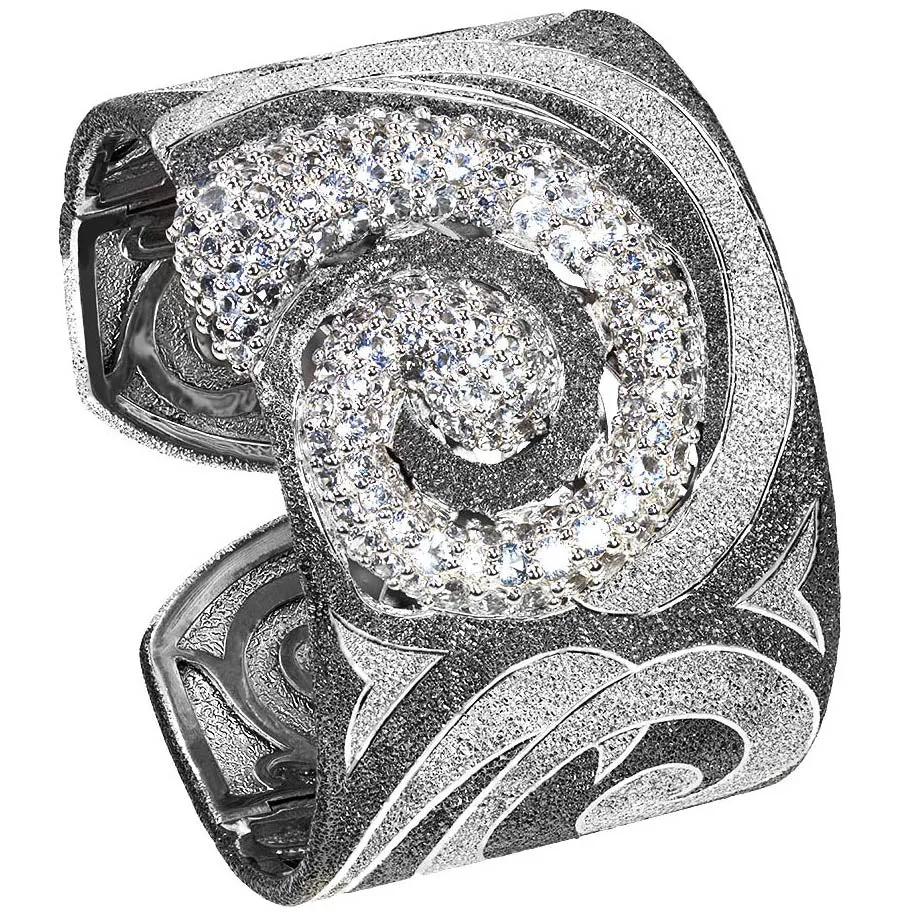Silver Swirl Pattern Cuff Bracelet with White Topaz