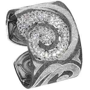Silver Swirl Pattern Cuff Bracelet with White Topaz