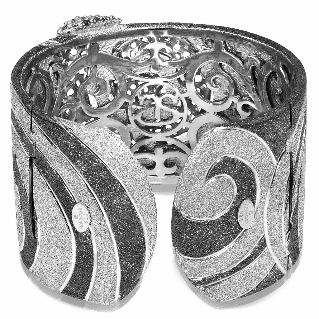 Silver Swirl Pattern Cuff Bracelet with White Topaz