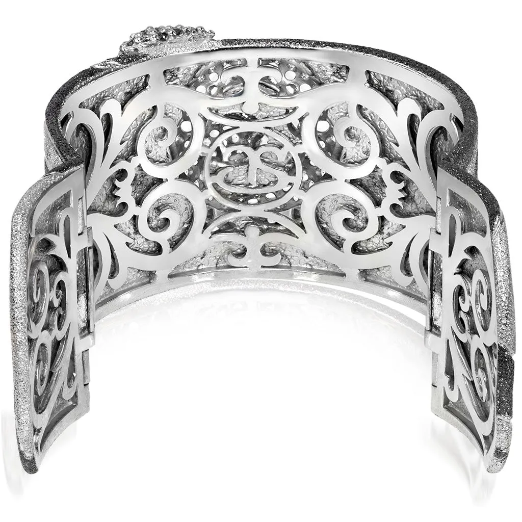 Silver Swirl Pattern Cuff Bracelet with White Topaz