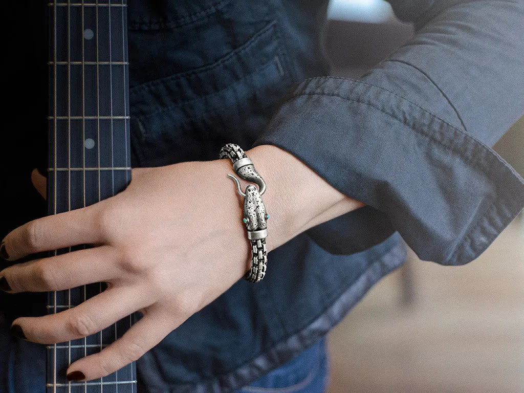 Snake Bracelet with Chain in Silver, 18KT Gold and Turquoise