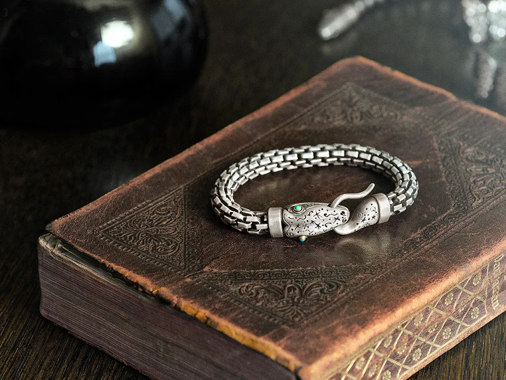 Snake Bracelet with Chain in Silver, 18KT Gold and Turquoise