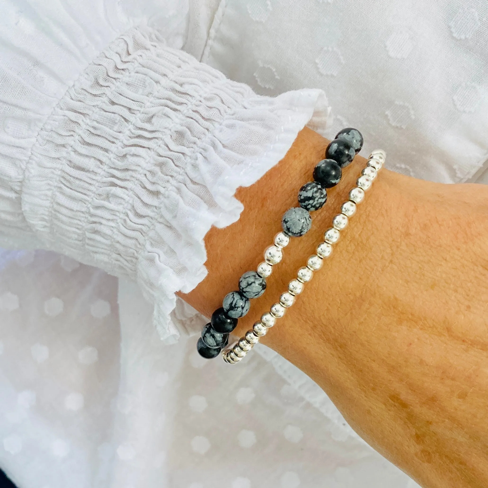 Snowflake Obsidian Bracelet with Silver Accent | Solo or Stack Set