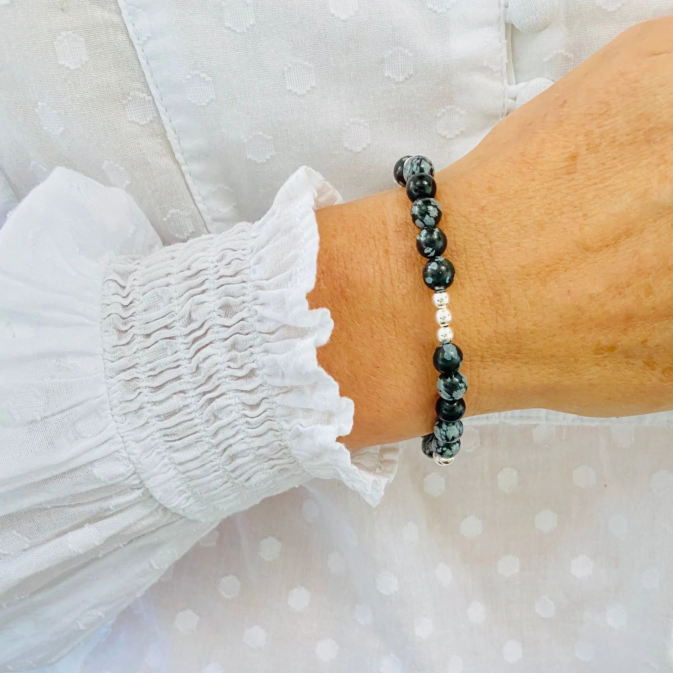 Snowflake Obsidian Bracelet with Silver Accent | Solo or Stack Set