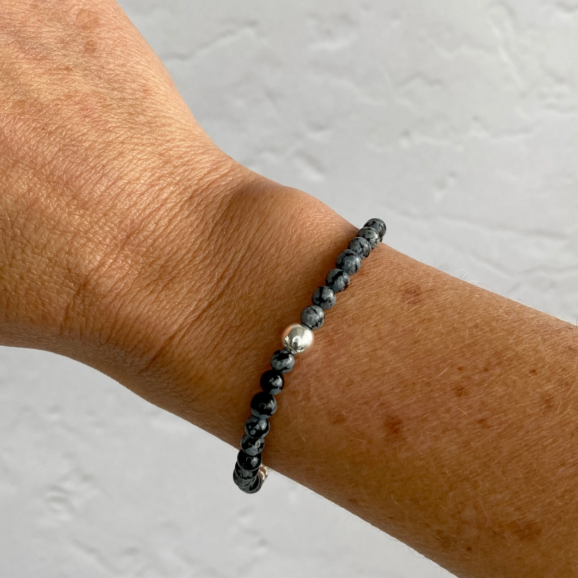 Snowflake Obsidian Gemstone and Silver Bead Bracelet