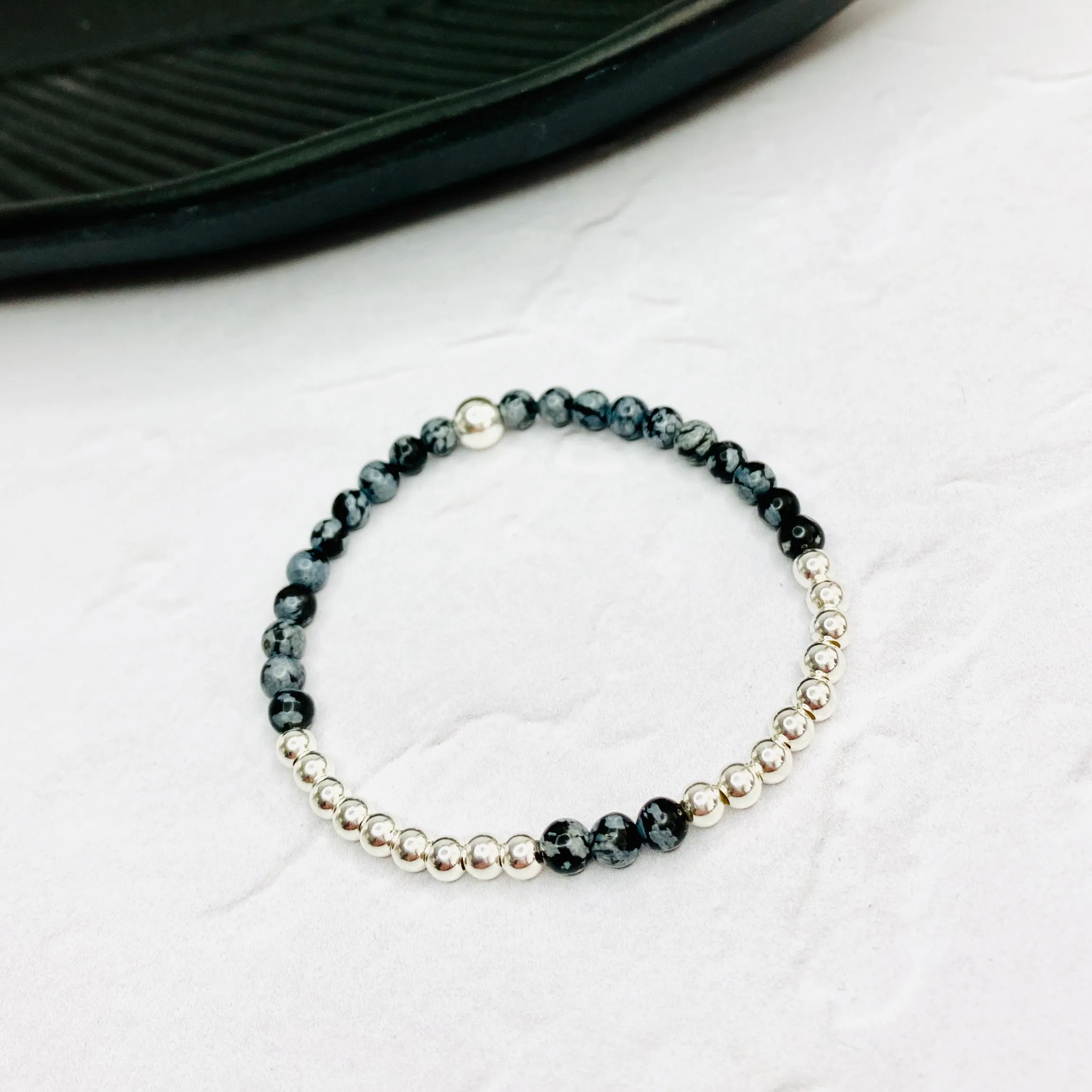 Snowflake Obsidian Gemstone and Silver Bead Bracelet