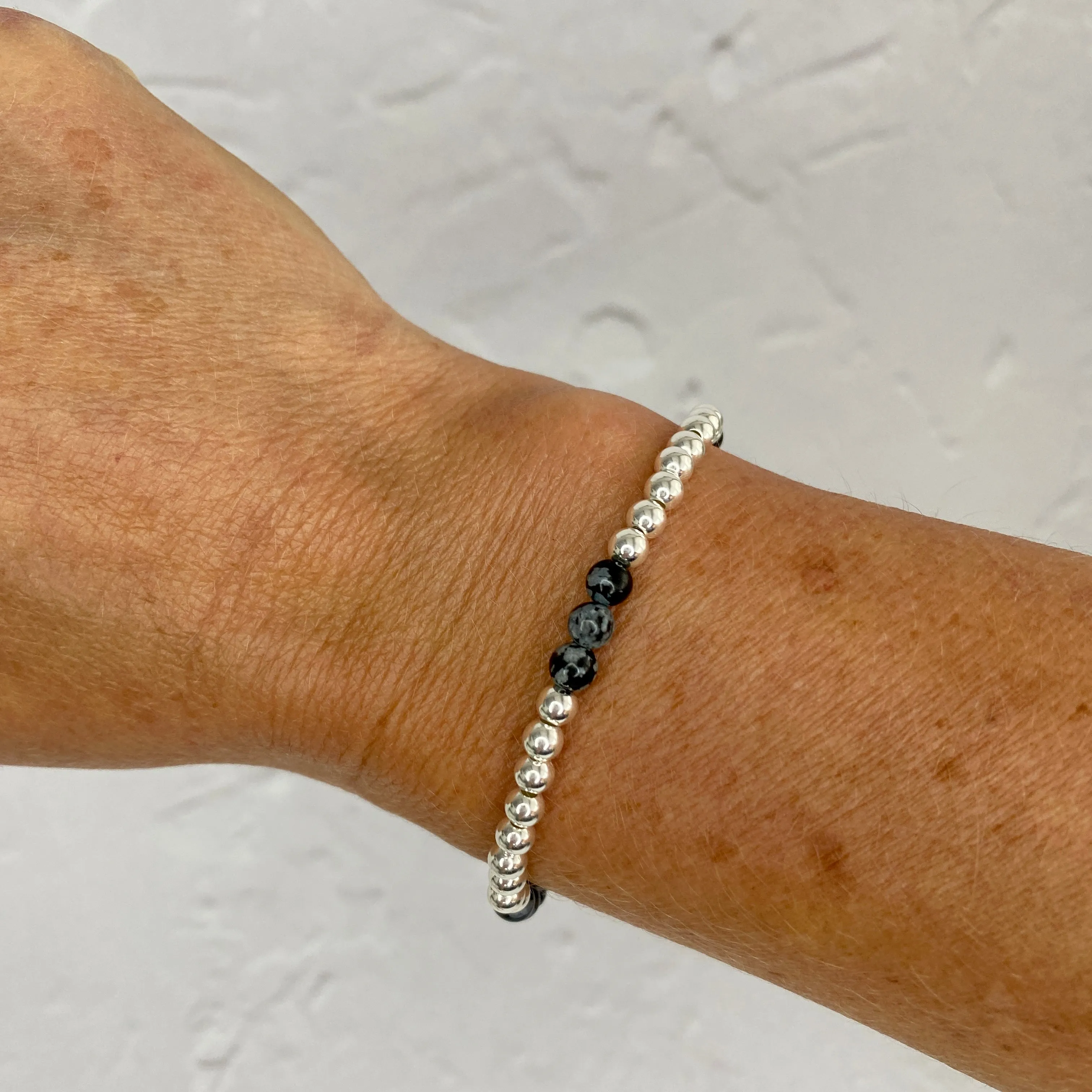 Snowflake Obsidian Gemstone and Silver Bead Bracelet