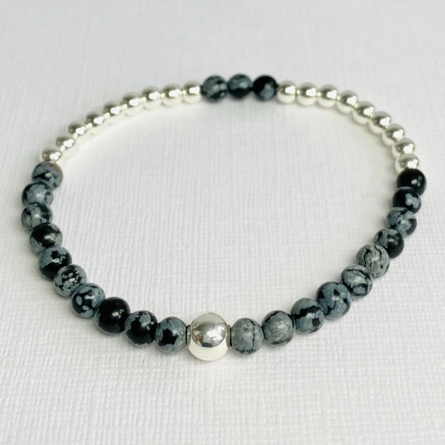 Snowflake Obsidian Gemstone and Silver Bead Bracelet