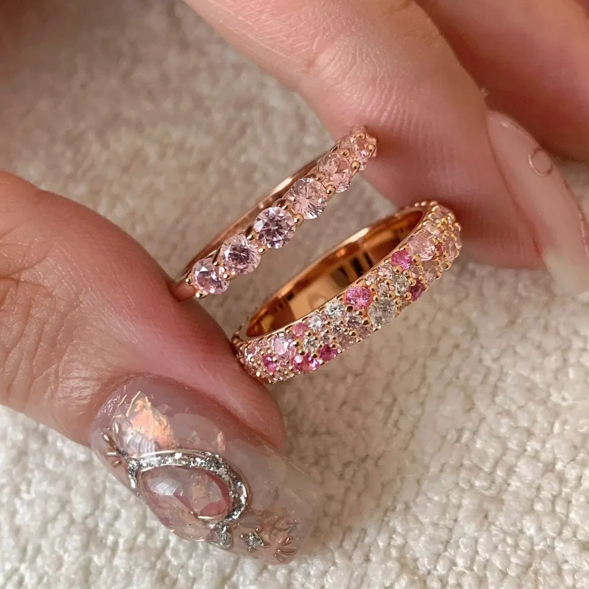 Sparkling Pink CZ Inlaid Rose Gold Plated Stackable Ring Set
