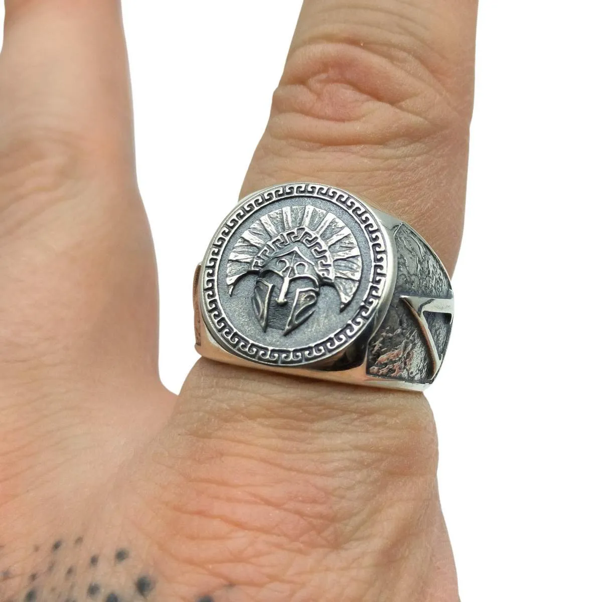 Spartan helmet silver signet ring