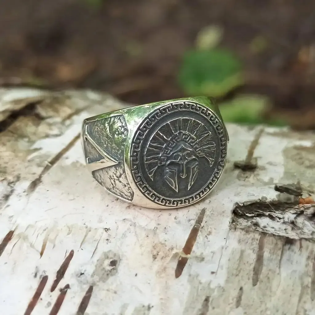 Spartan helmet silver signet ring