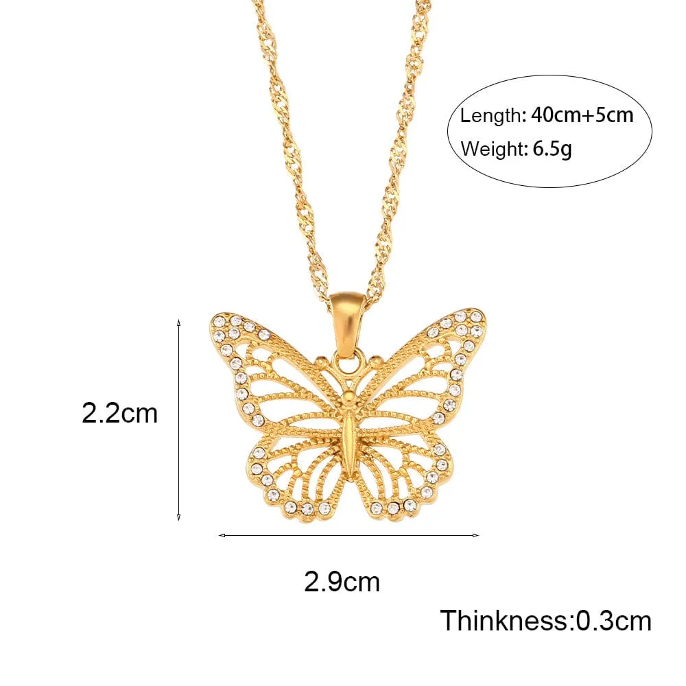Stainless Steel CZ Inlaid Gold Filled Hollowed-out Butterfly Chain Necklace