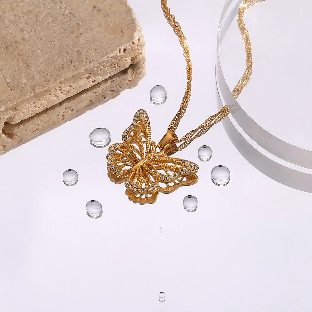 Stainless Steel CZ Inlaid Gold Filled Hollowed-out Butterfly Chain Necklace