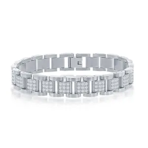 Stainless Steel CZ Square Link Mens Bracelet