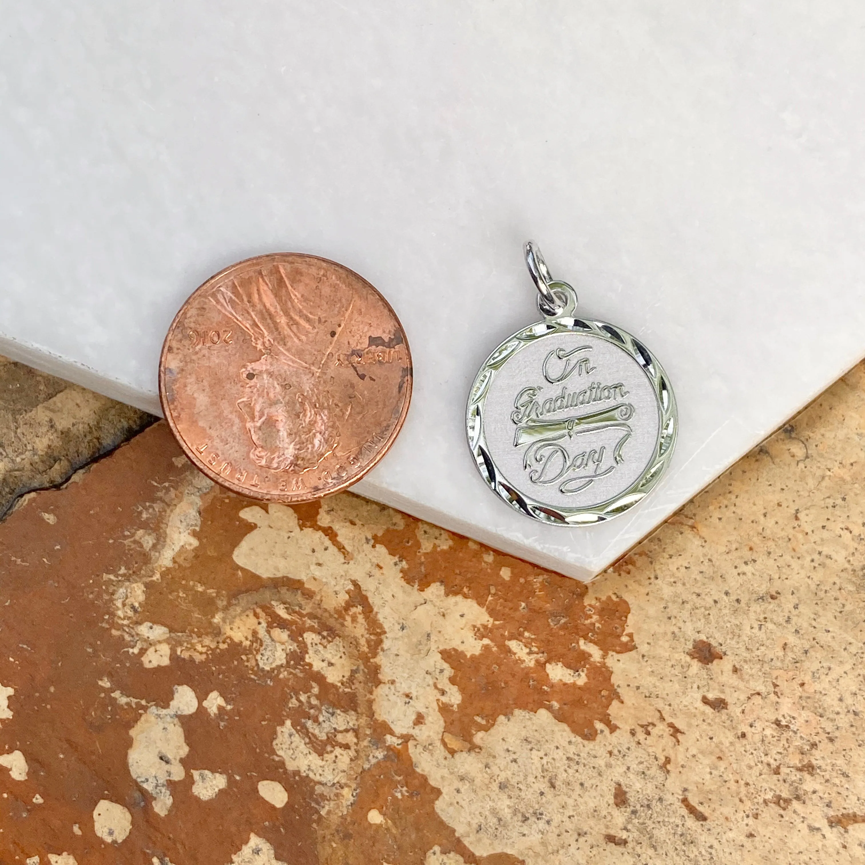 Sterling Silver Diamond-Cut "On Graduation Day" Round Disc Pendant Charm