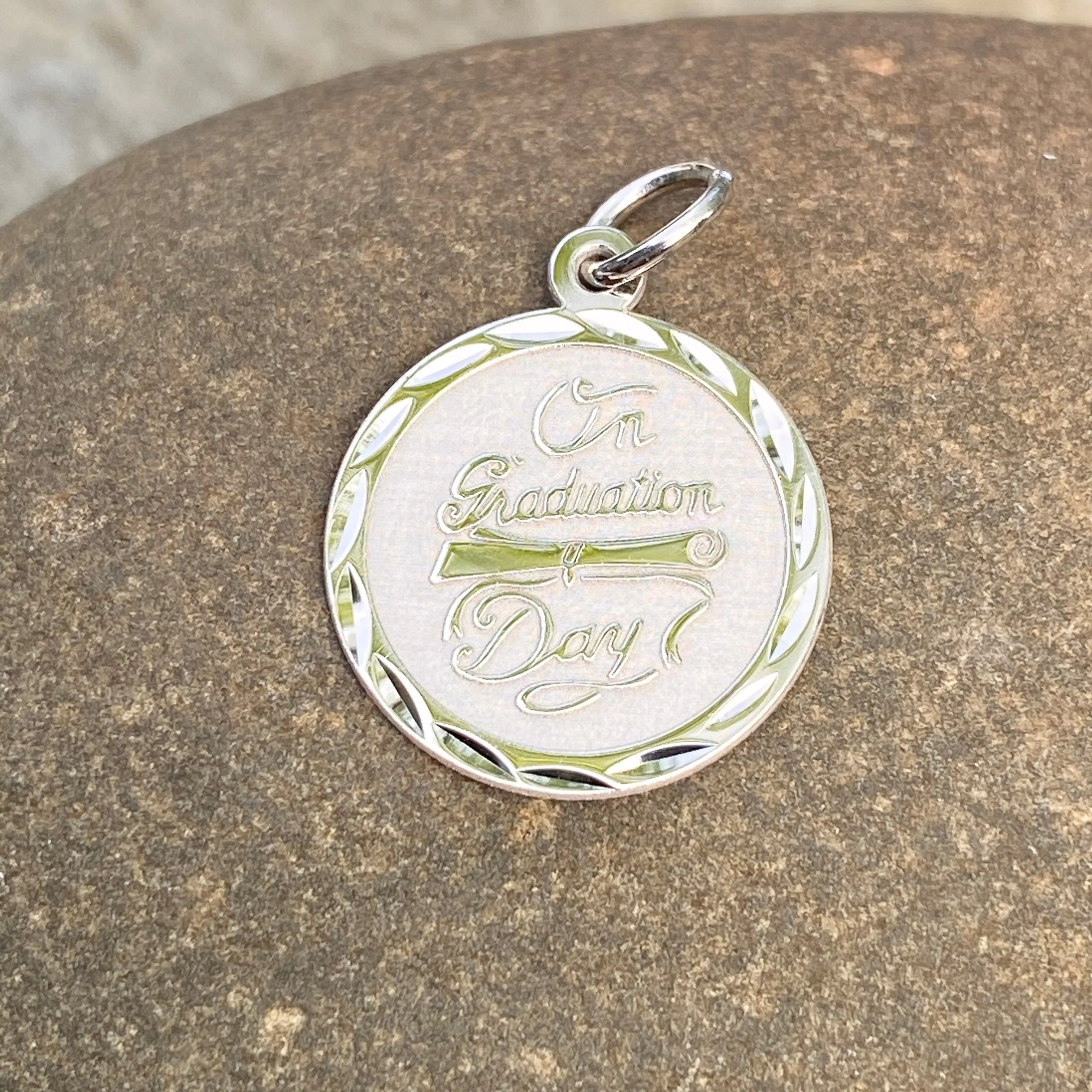 Sterling Silver Diamond-Cut "On Graduation Day" Round Disc Pendant Charm