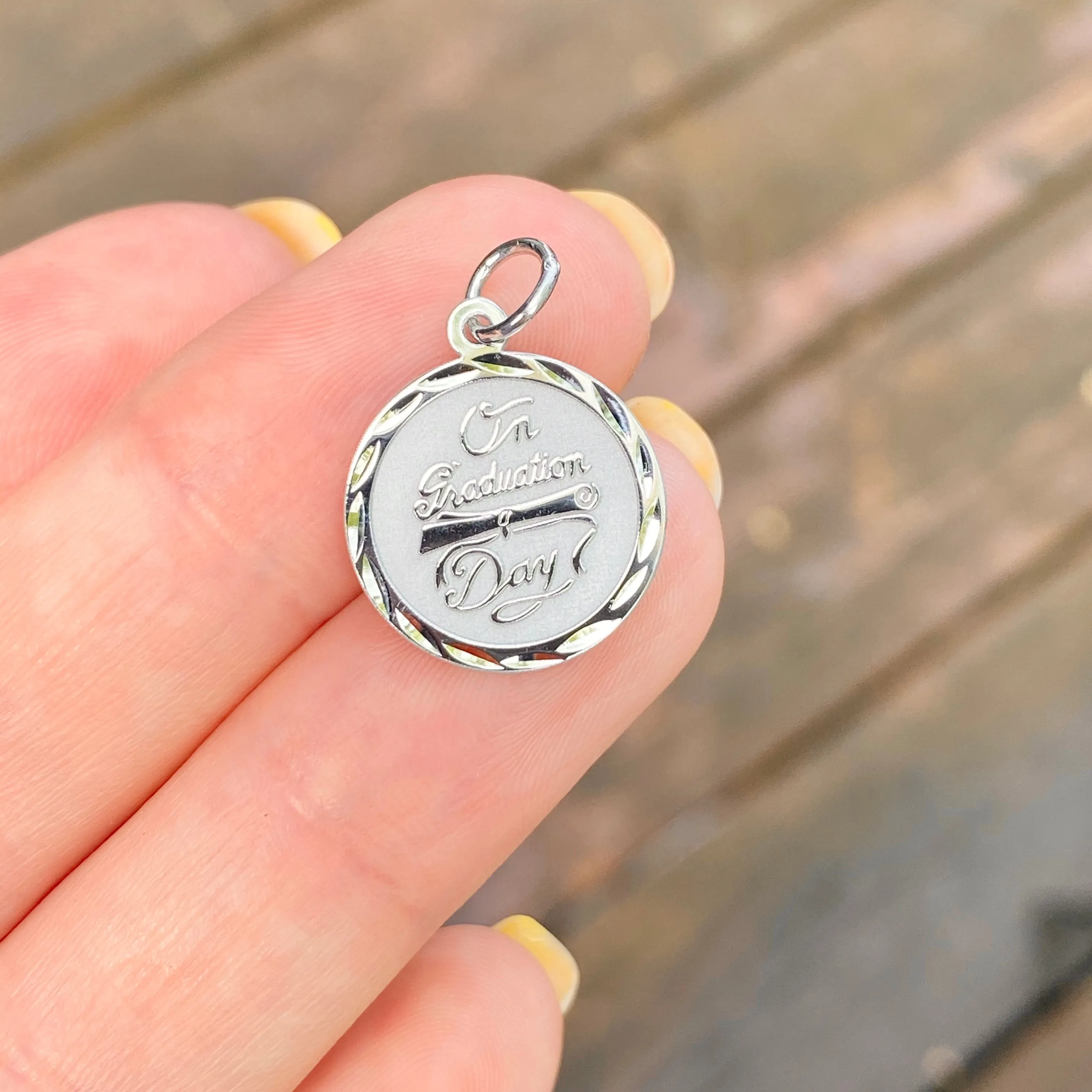 Sterling Silver Diamond-Cut "On Graduation Day" Round Disc Pendant Charm