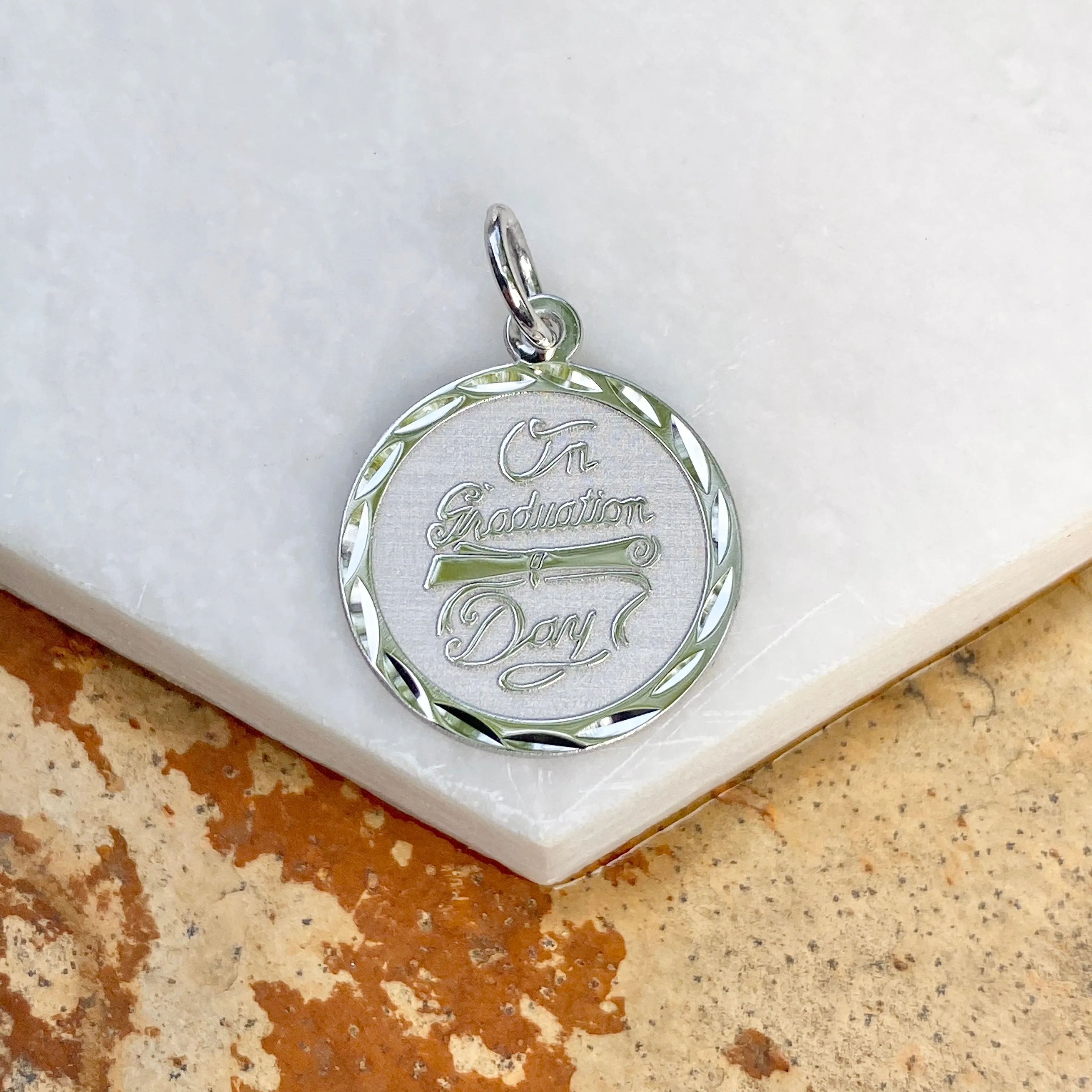 Sterling Silver Diamond-Cut "On Graduation Day" Round Disc Pendant Charm
