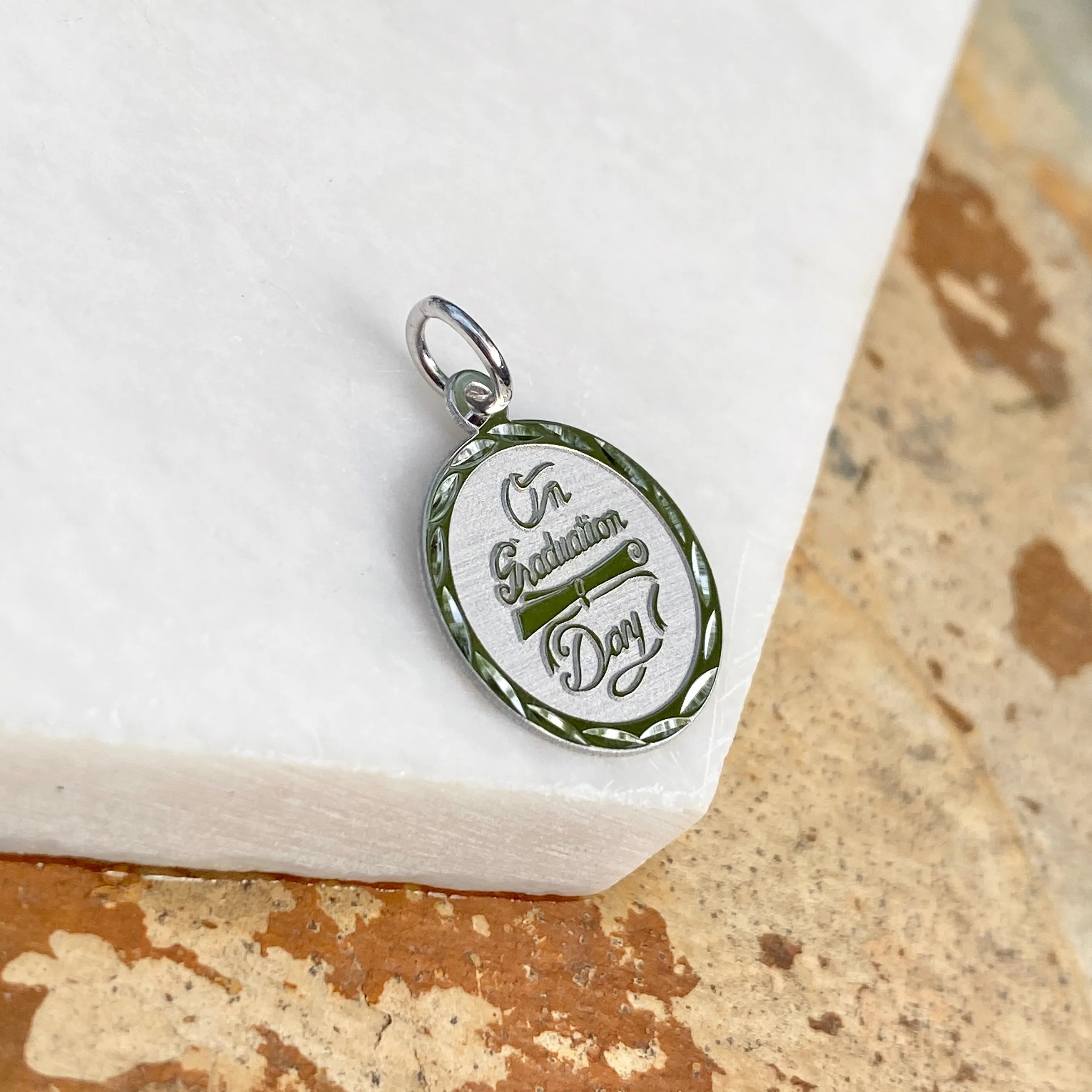 Sterling Silver Diamond-Cut "On Graduation Day" Round Disc Pendant Charm