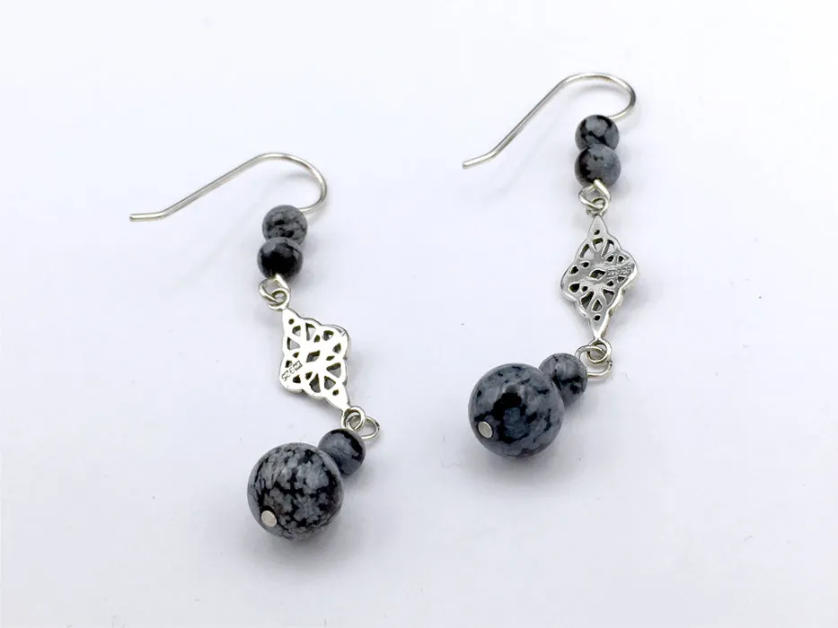 Sterling Silver Double Celtic Knot Dangle Earrings- snowflake Obsidian, gorgeous