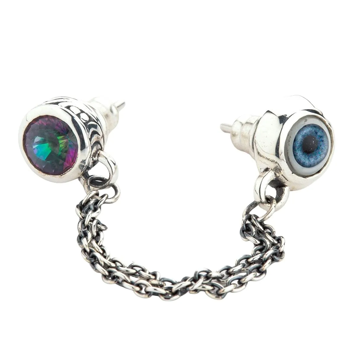 Sterling Silver Double Chain Linked Punk Style Evil Eye Piercing Stud Earring