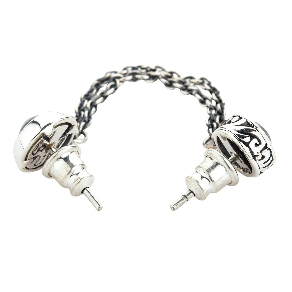 Sterling Silver Double Chain Linked Punk Style Evil Eye Piercing Stud Earring