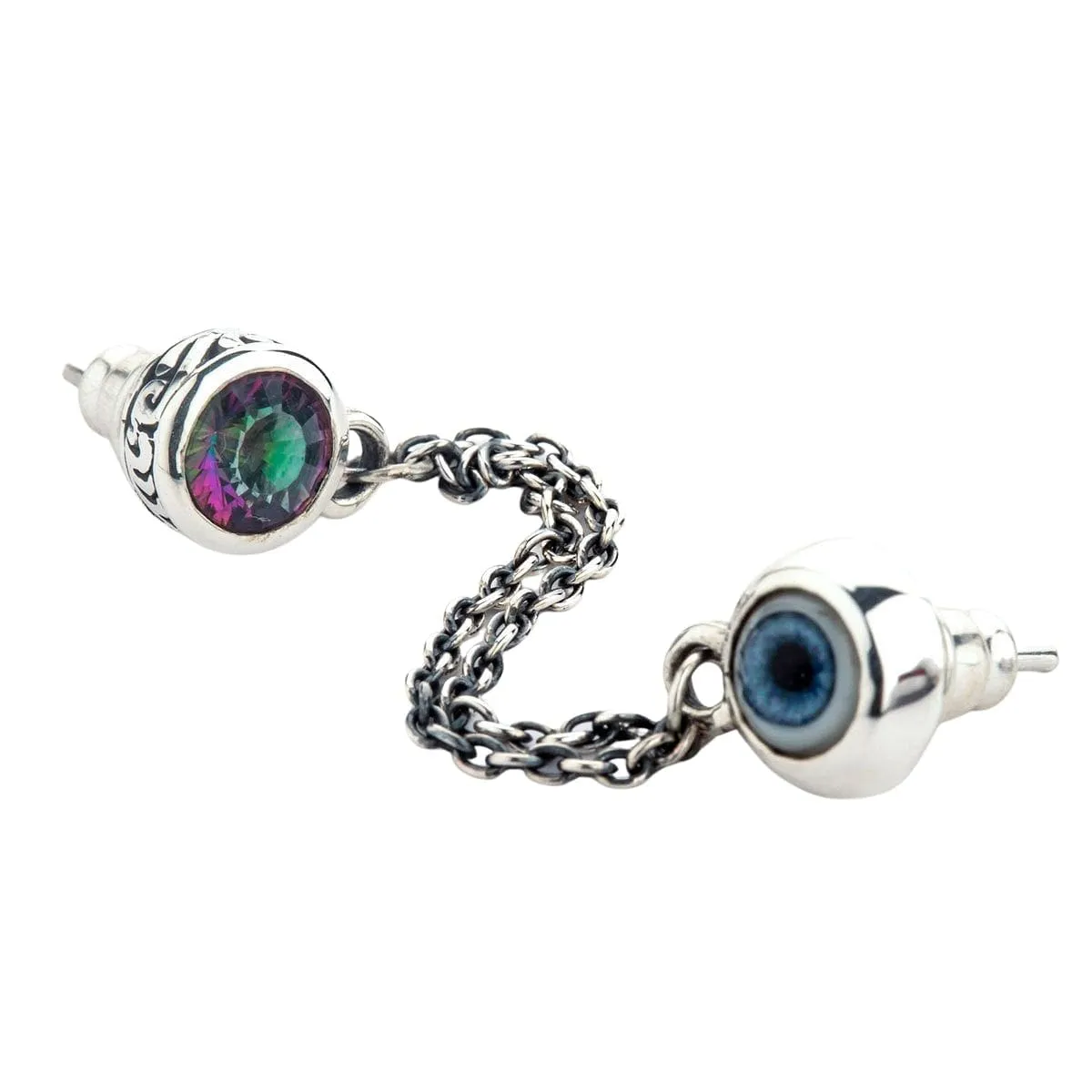 Sterling Silver Double Chain Linked Punk Style Evil Eye Piercing Stud Earring
