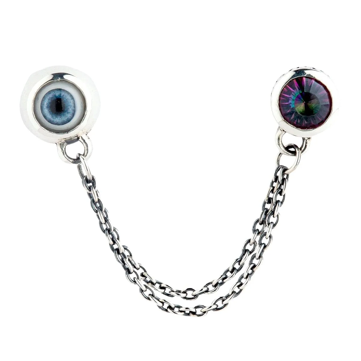 Sterling Silver Double Chain Linked Punk Style Evil Eye Piercing Stud Earring