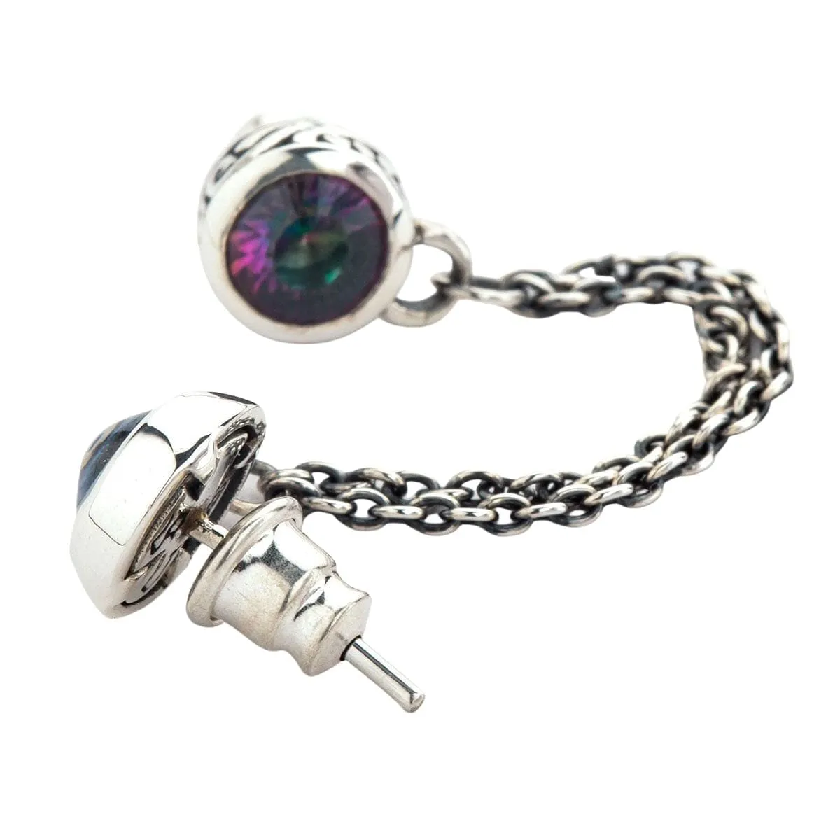 Sterling Silver Double Chain Linked Punk Style Evil Eye Piercing Stud Earring