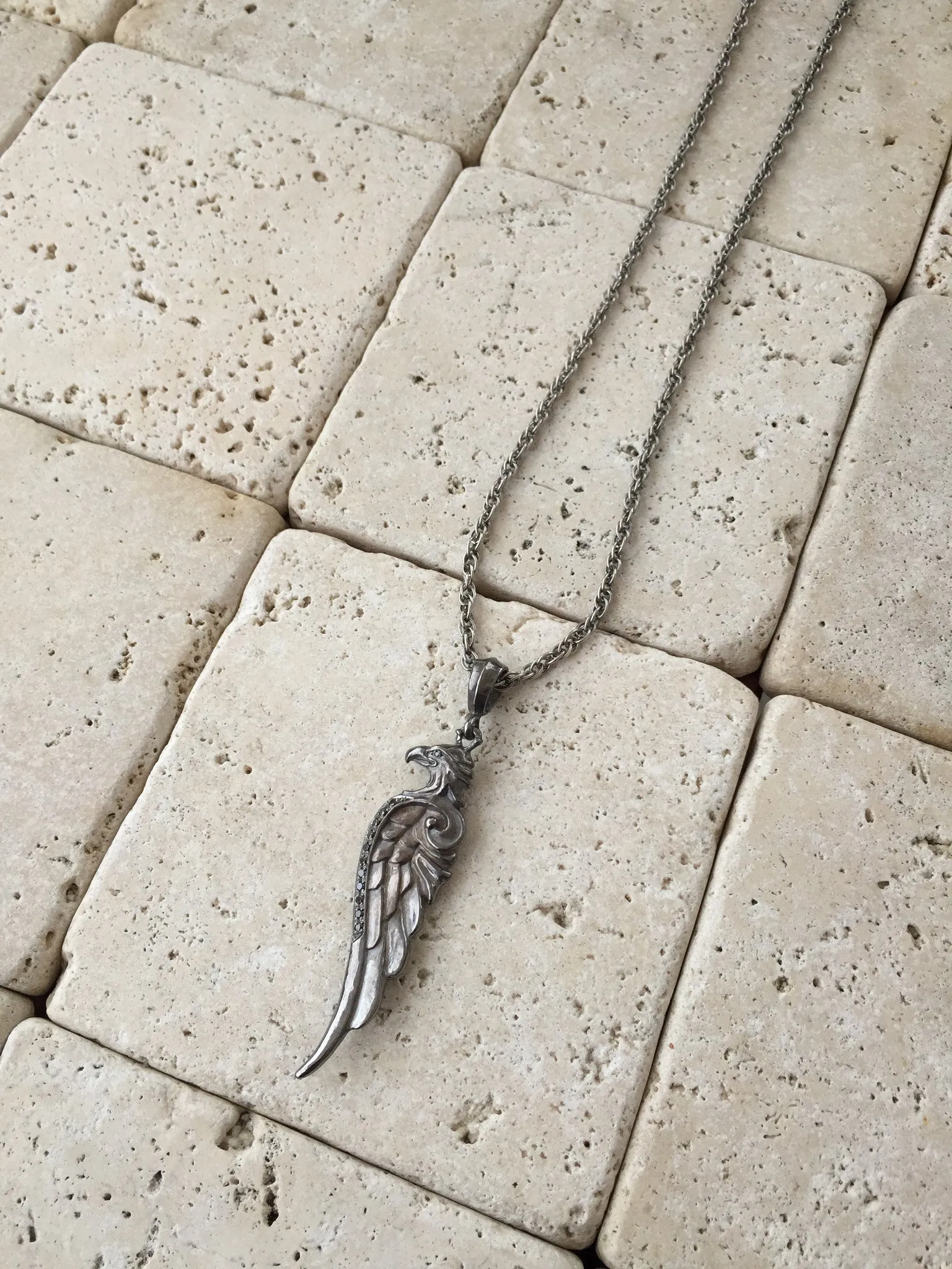 Sterling Silver Eagle Wing & Eagle Head with Black Diamonds