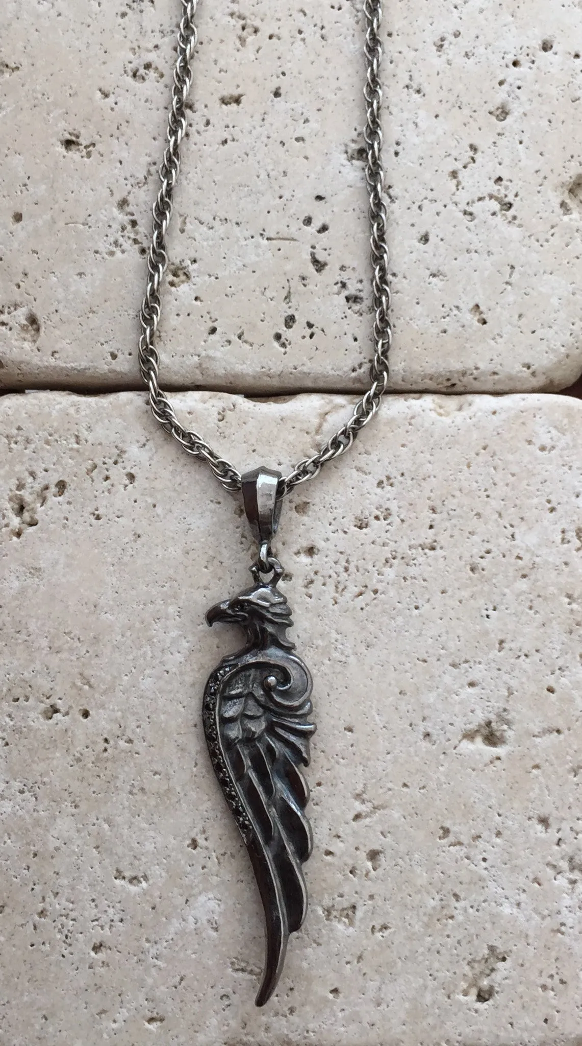 Sterling Silver Eagle Wing & Eagle Head with Black Diamonds