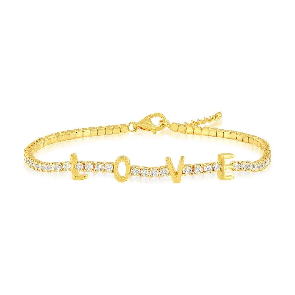 Sterling Silver, 'Love' Tennis CZ Bracelet - Gold Plated