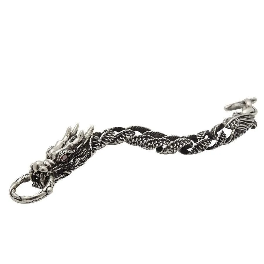 Sterling Silver Mens Red Eyes Dragon Bracelet