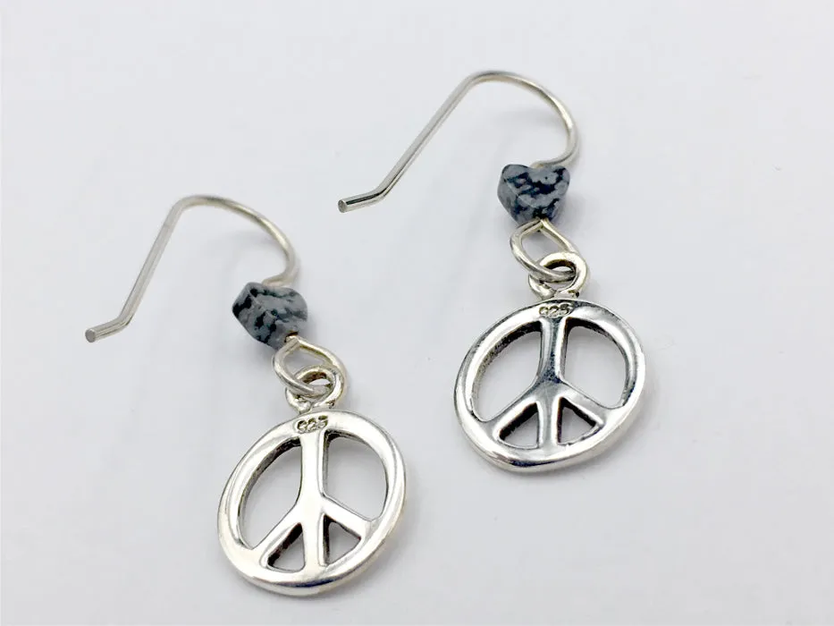 Sterling silver peace sign dangle earrings-world, signs,peaceful,heart, obsidian