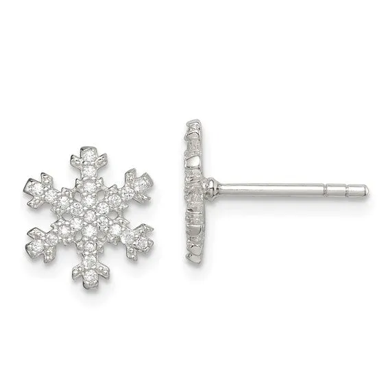 Sterling Silver Rhodium Plated Snowflake with CZ Stud Earrings