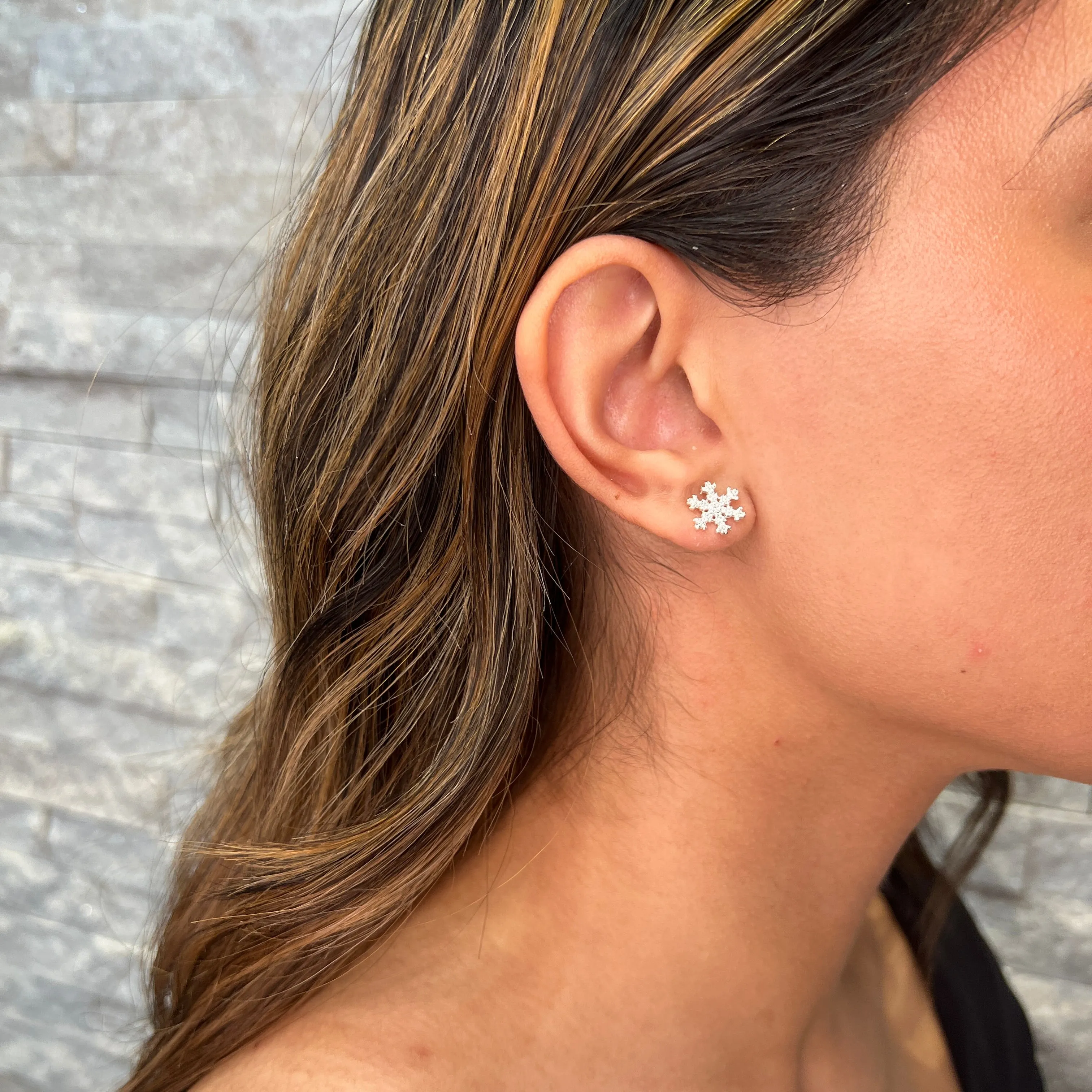 Sterling Silver Rhodium Plated Snowflake with CZ Stud Earrings
