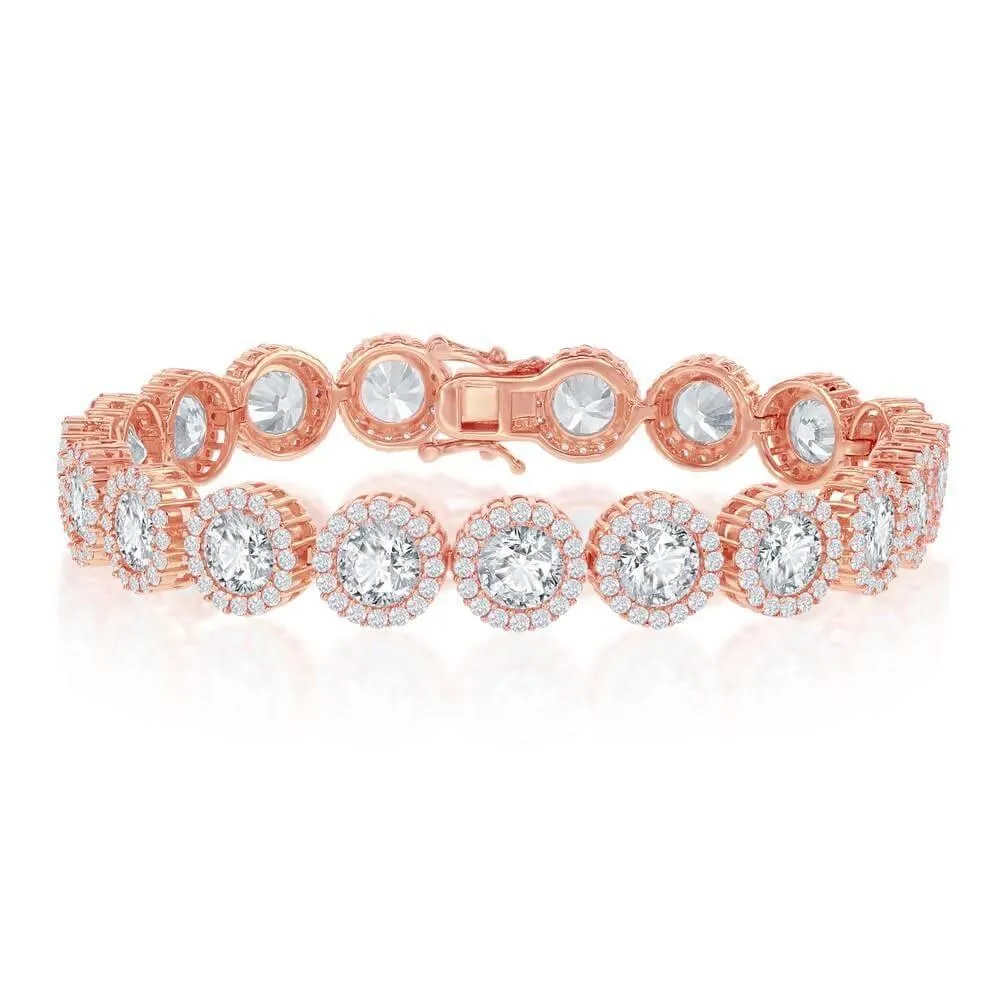 Sterling Silver Round Halo CZ Linked Bracelet - Rose Gold Plated