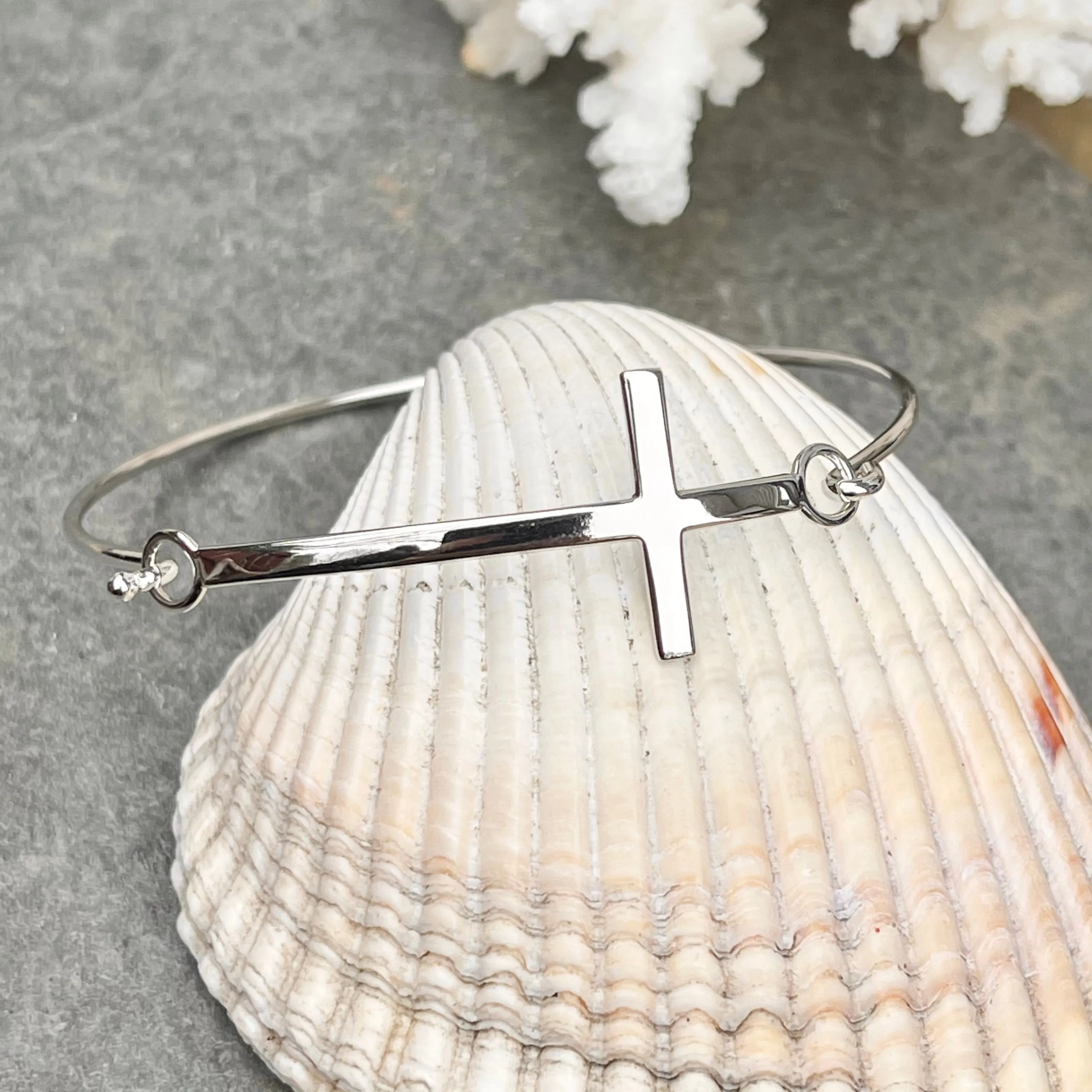 Sterling Silver Sideways Cross Plaque Bangle Bracelet