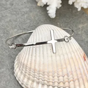 Sterling Silver Sideways Cross Plaque Bangle Bracelet
