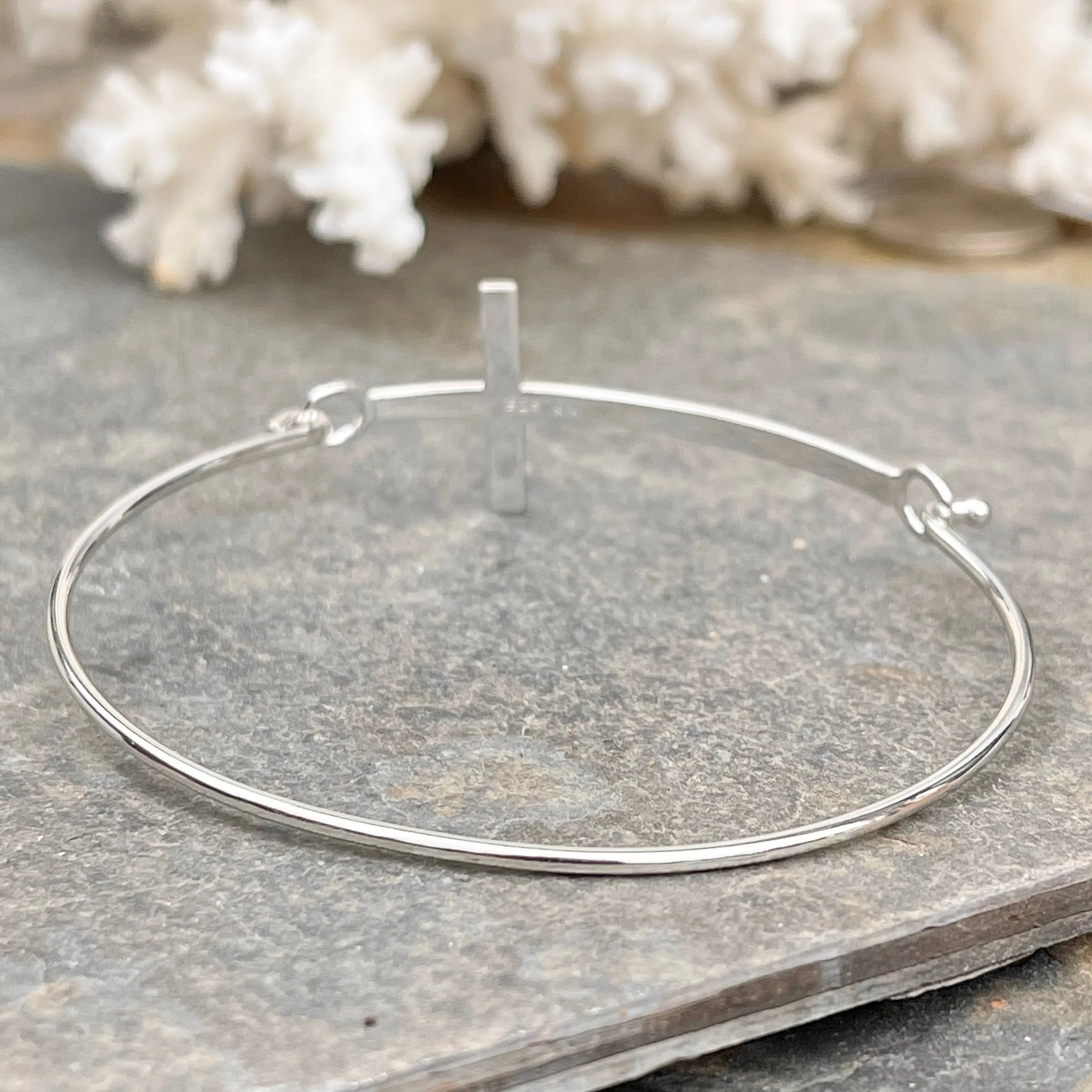 Sterling Silver Sideways Cross Plaque Bangle Bracelet