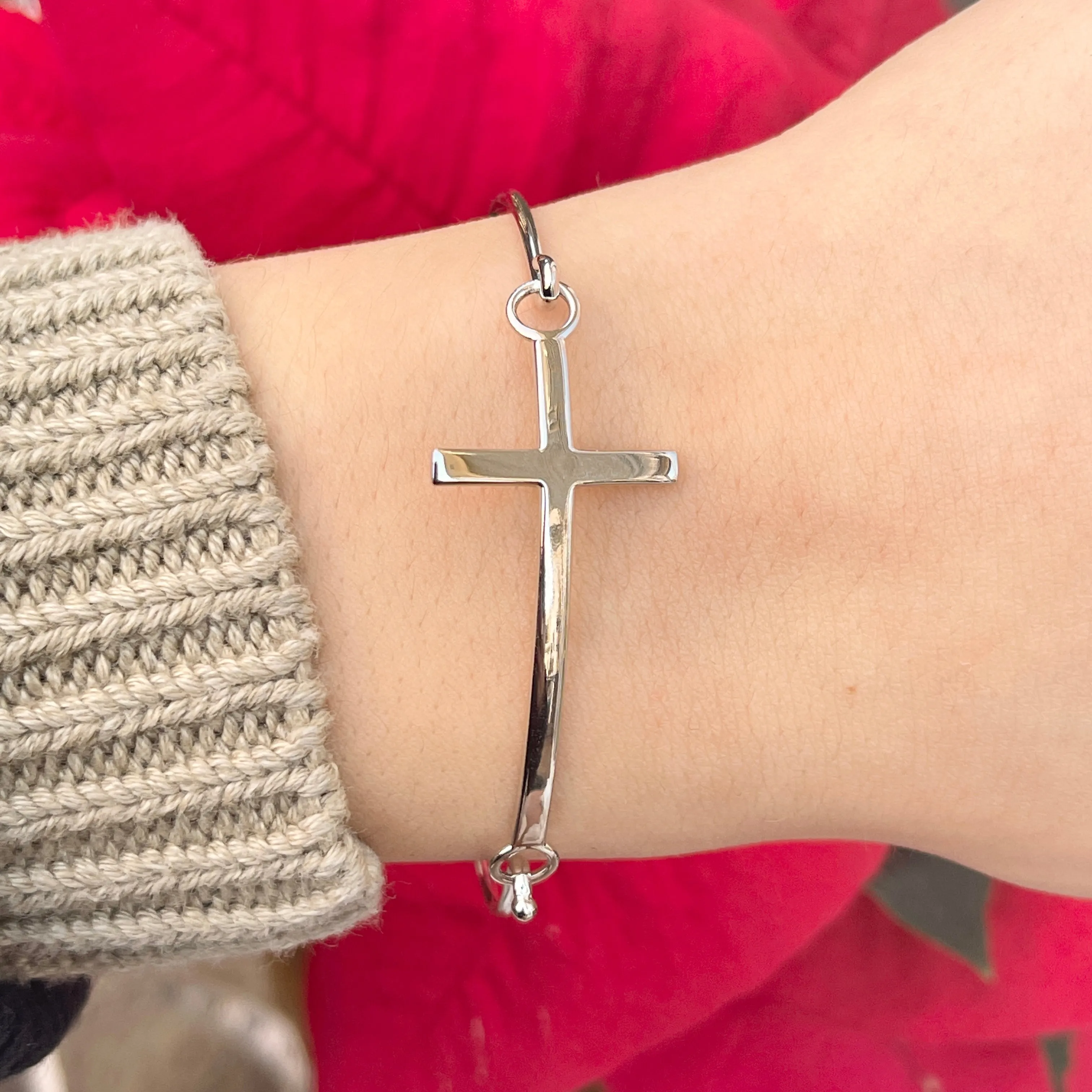 Sterling Silver Sideways Cross Plaque Bangle Bracelet