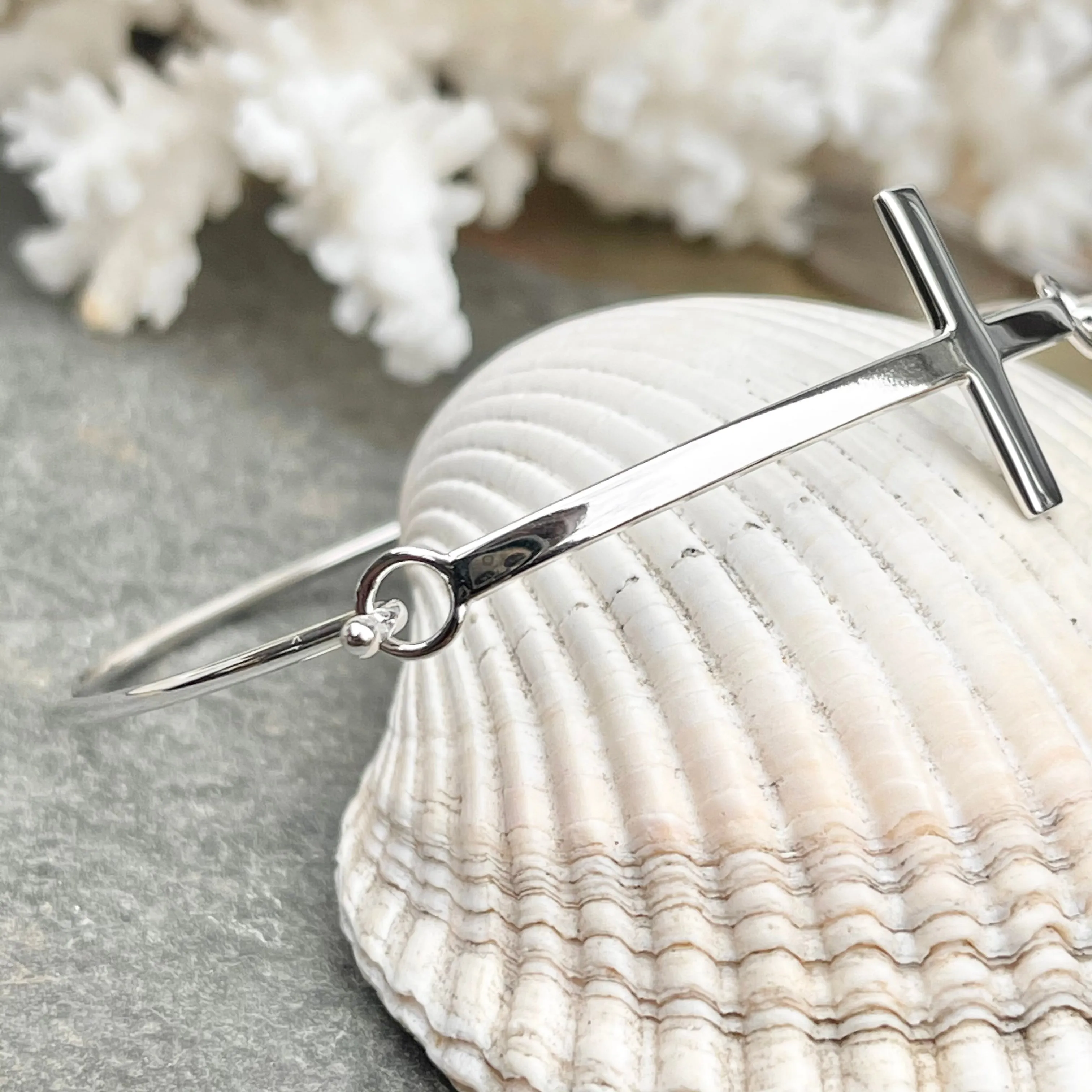 Sterling Silver Sideways Cross Plaque Bangle Bracelet