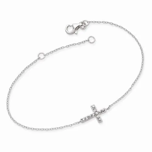Sterling Silver Sideways CZ Cross Chain Bracelet