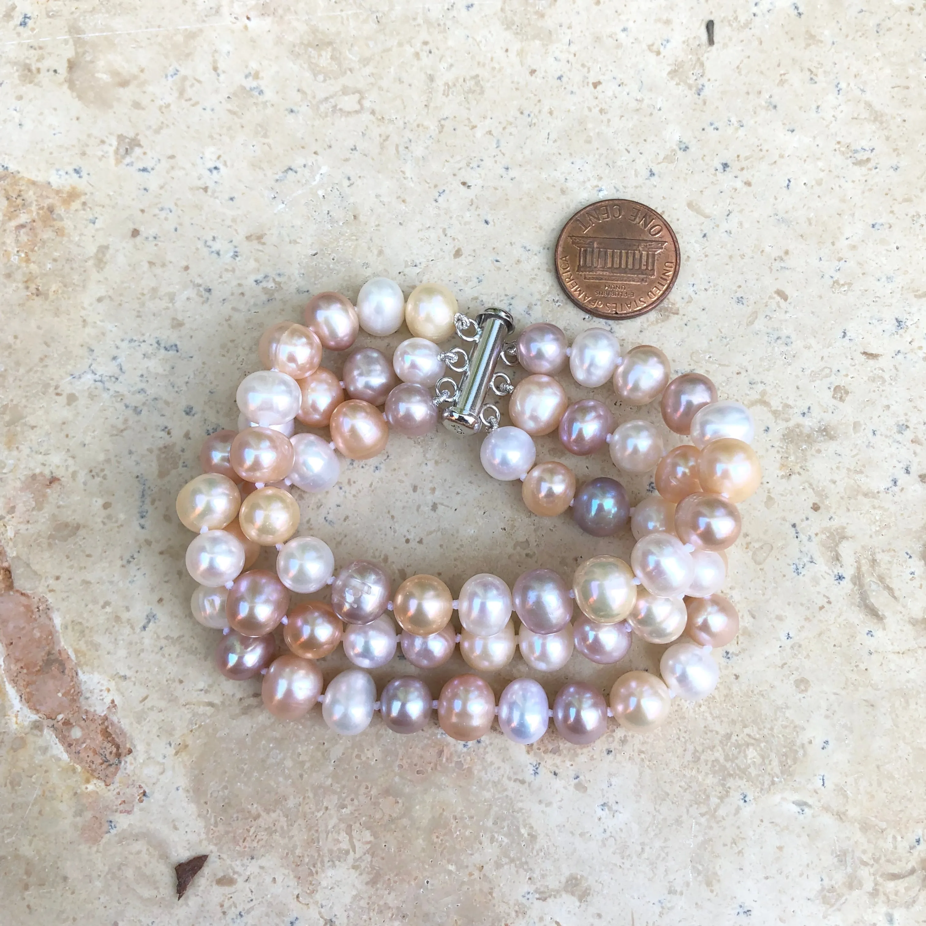 Sterling Silver White   Pink Freshwater Cultured Pearl Triple Strand Bracelet