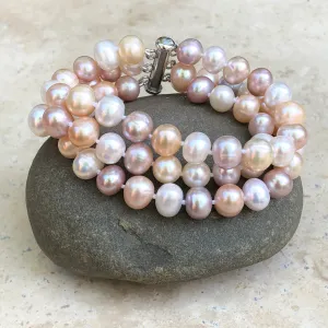 Sterling Silver White   Pink Freshwater Cultured Pearl Triple Strand Bracelet