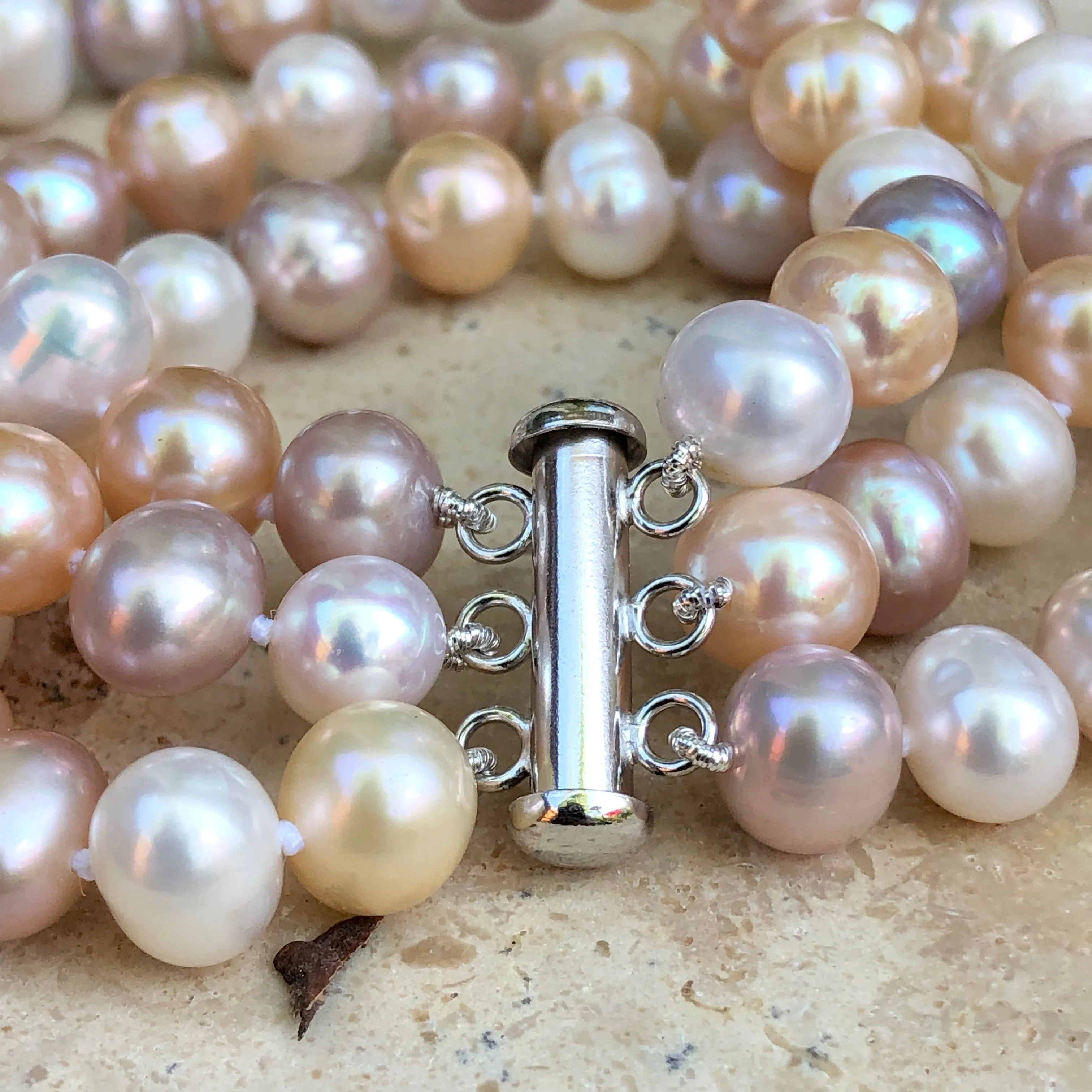 Sterling Silver White   Pink Freshwater Cultured Pearl Triple Strand Bracelet